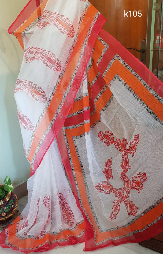 White Orange Block Printed Kota Doria Saree