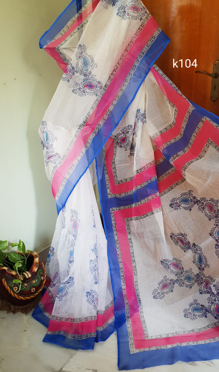 White Blue Block Printed Kota Doria Saree