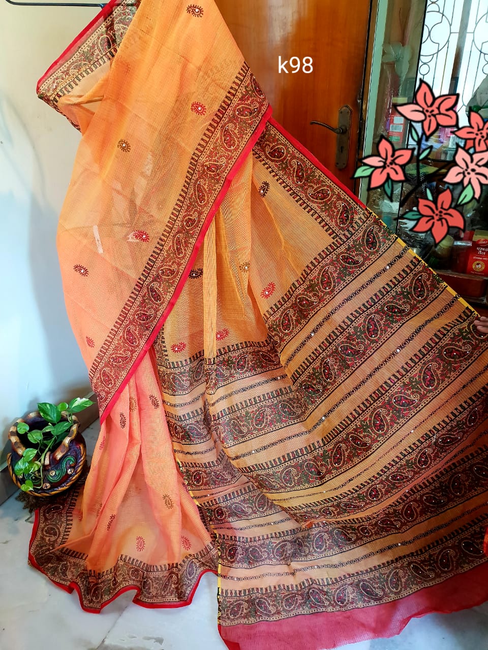 Orange Block Printed Kota Doria Saree