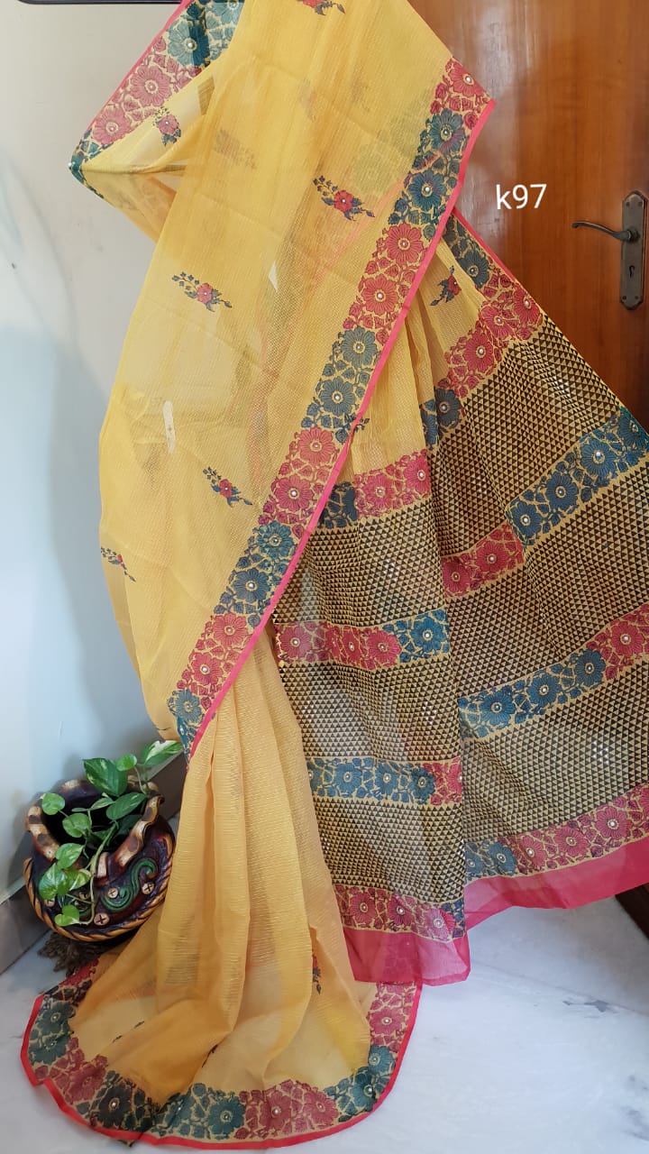 Yellow Block Printed Kota Doria Saree