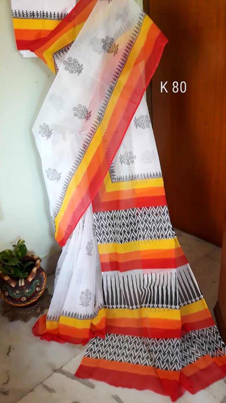 White Block Printed Kota Doria Saree