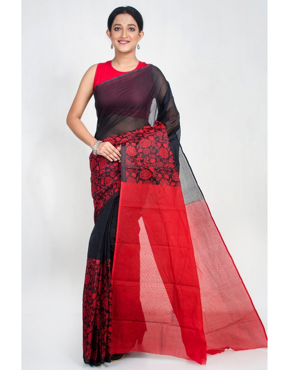 Red Black Block Printed Kota Doria Saree