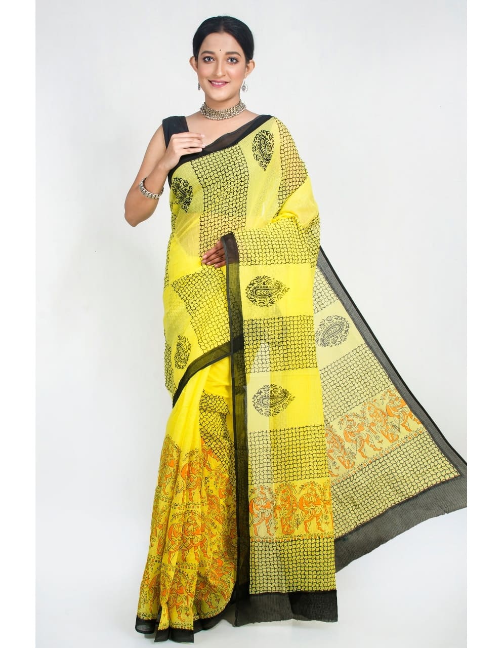 Yellow Block Printed Kota Doria Saree