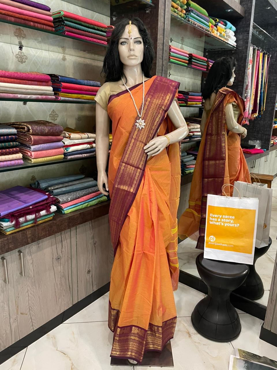 AP25A020 Orange Pure Handloom Chettinad Cotton Saree