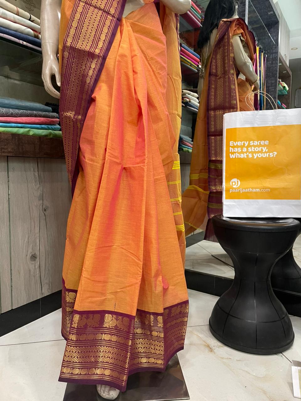 AP25A020 Orange Pure Handloom Chettinad Cotton Saree