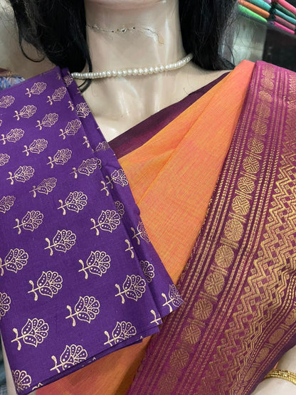 AP25A020 Orange Pure Handloom Chettinad Cotton Saree