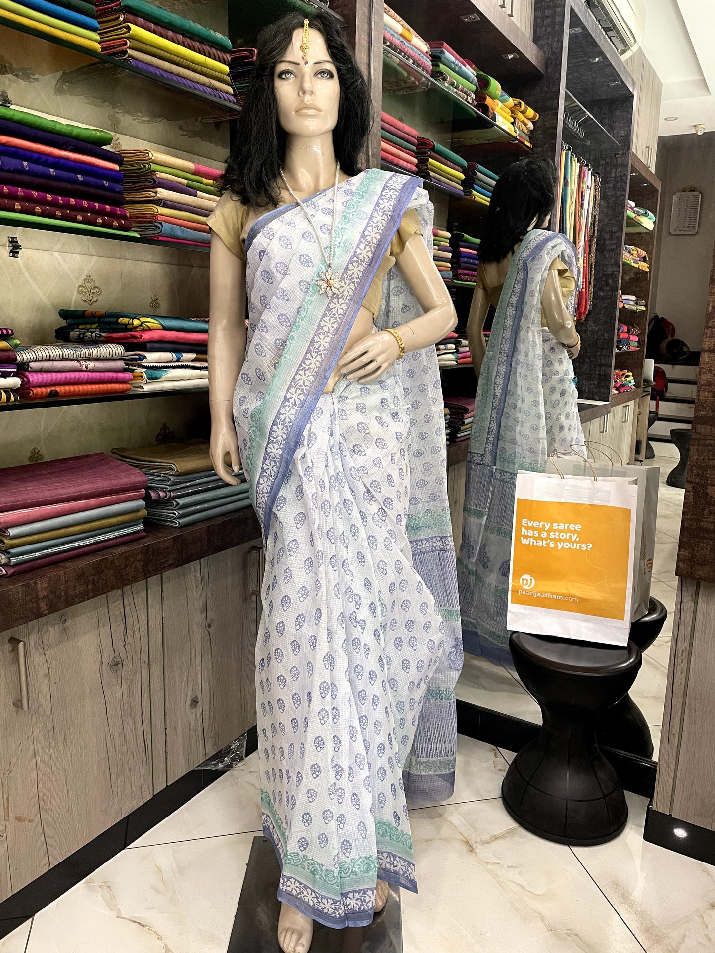 AU23A010 White Blue Block Printed Kota Doria Saree