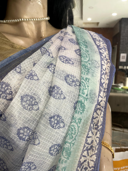 AU23A010 White Blue Block Printed Kota Doria Saree