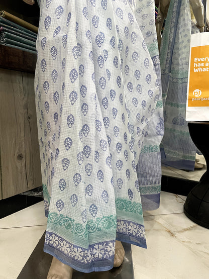 AU23A010 White Blue Block Printed Kota Doria Saree