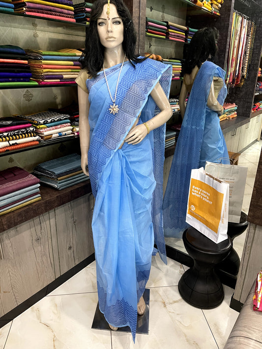 AU23A035 Blue Block Printed Kota Doria Saree