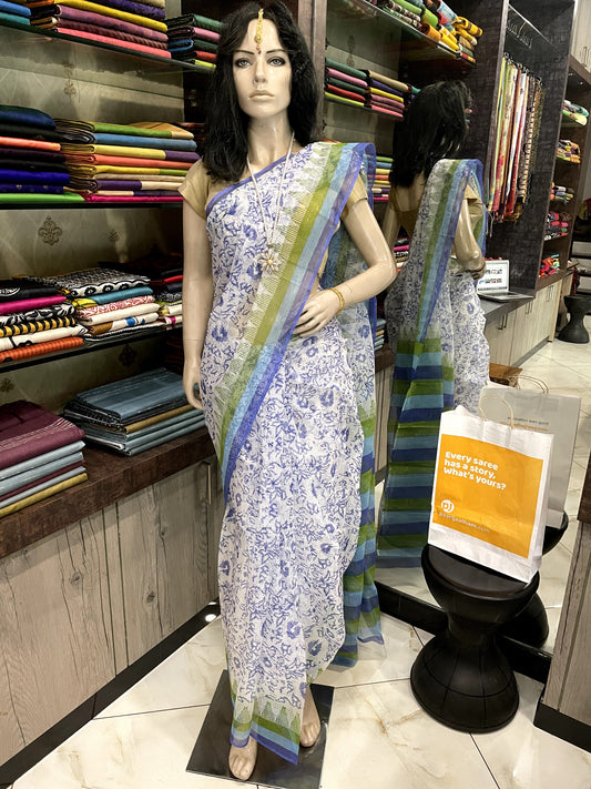 AU23A037 White Blue Block Printed Kota Doria Saree