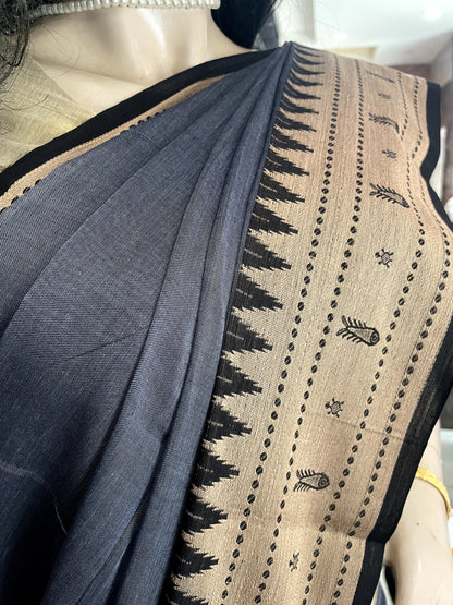 AU24A051 Grey Black Pure Handloom Narayanpet Cotton Saree