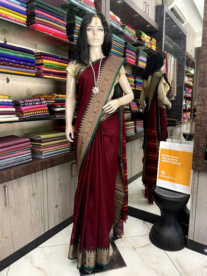 AU24A053 Maroon Green Pure Handloom Narayanpet Cotton Saree