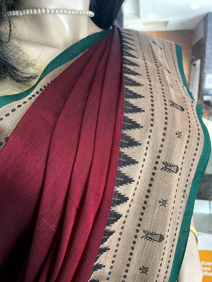 AU24A053 Maroon Green Pure Handloom Narayanpet Cotton Saree