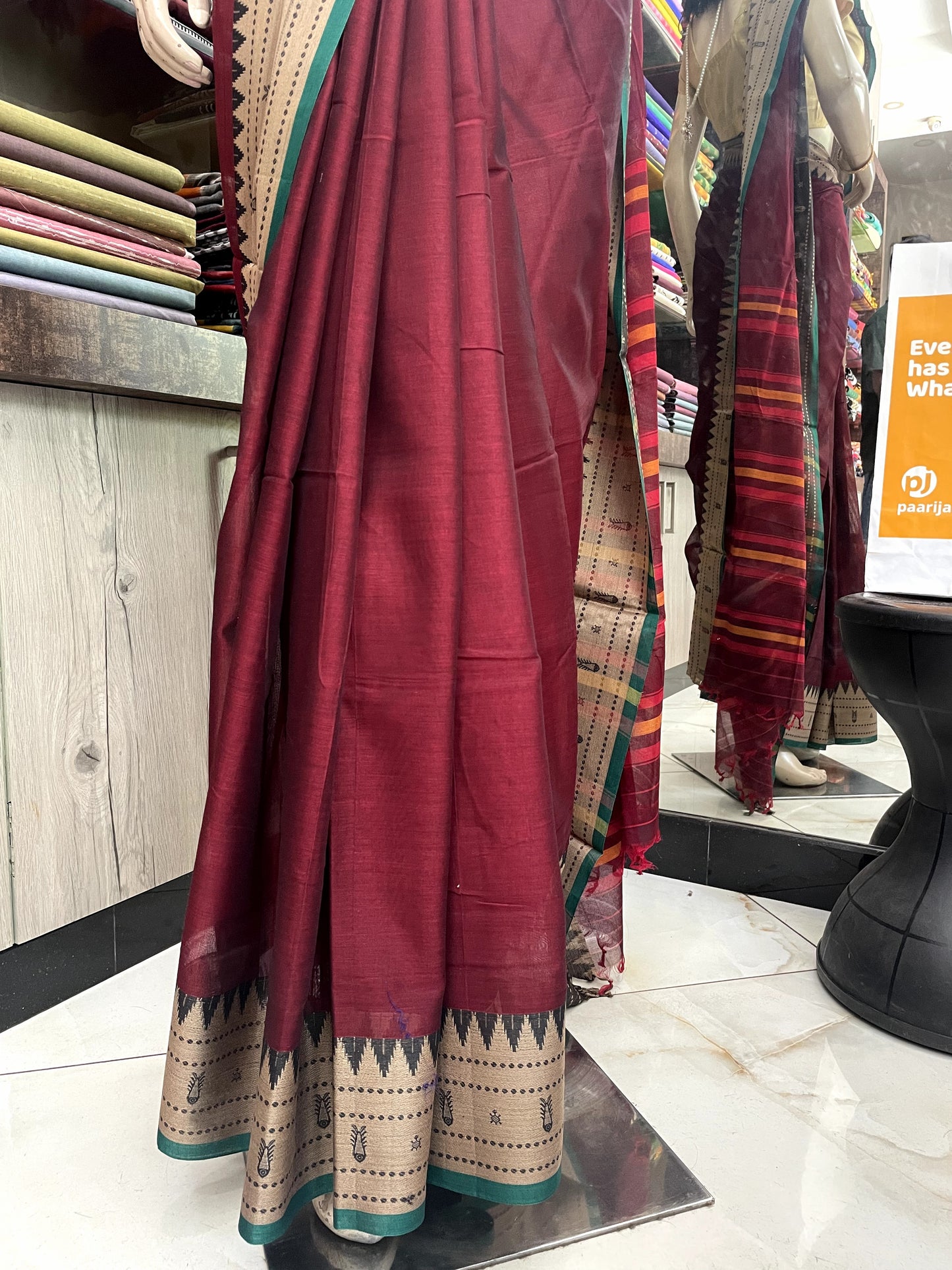 AU24A053 Maroon Green Pure Handloom Narayanpet Cotton Saree