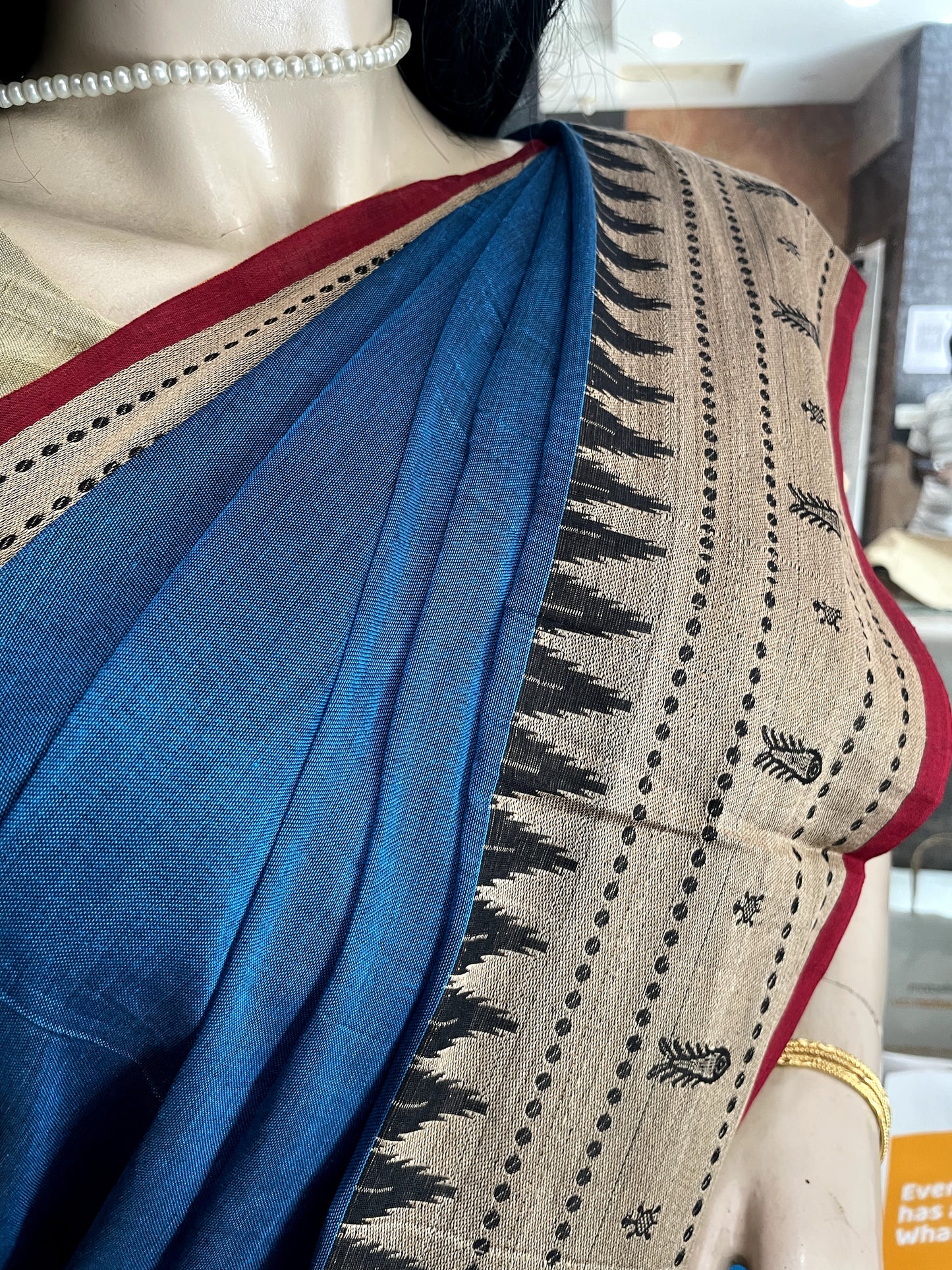 AU24A056 Blue Red Pure Handloom Narayanpet Cotton Saree