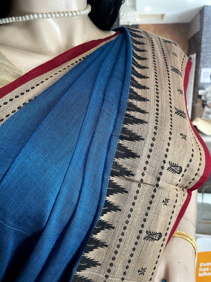 AU24A056 Blue Red Pure Handloom Narayanpet Cotton Saree