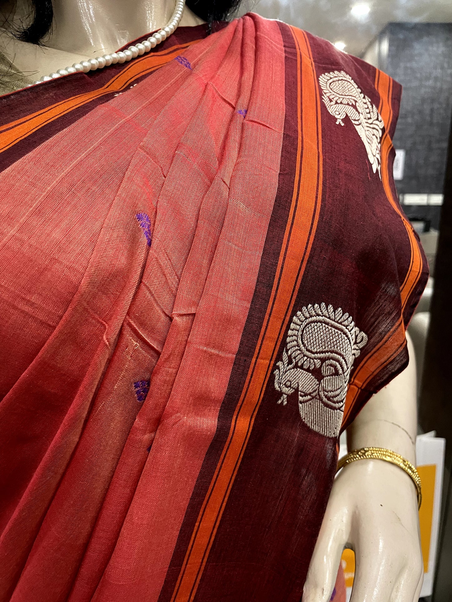 AU24A072 Peach Brown Pure Handloom Narayanpet Cotton Saree