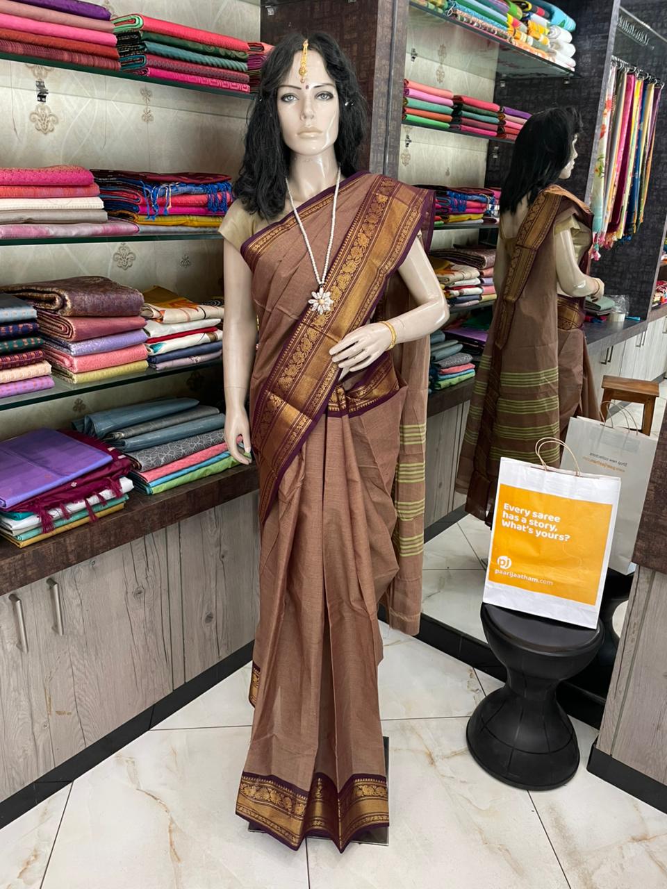AU25A030 Brown Pure Handloom Chettinad Cotton Saree