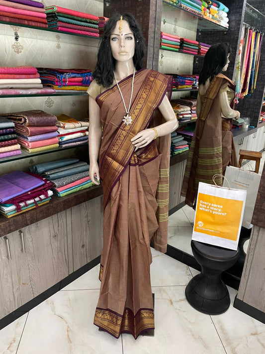 AU25A030 Brown Pure Handloom Chettinad Cotton Saree