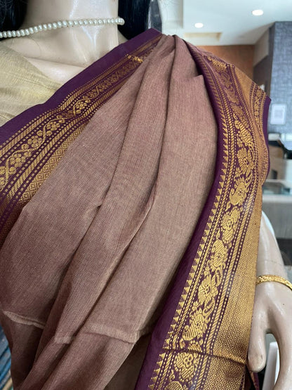 AU25A030 Brown Pure Handloom Chettinad Cotton Saree