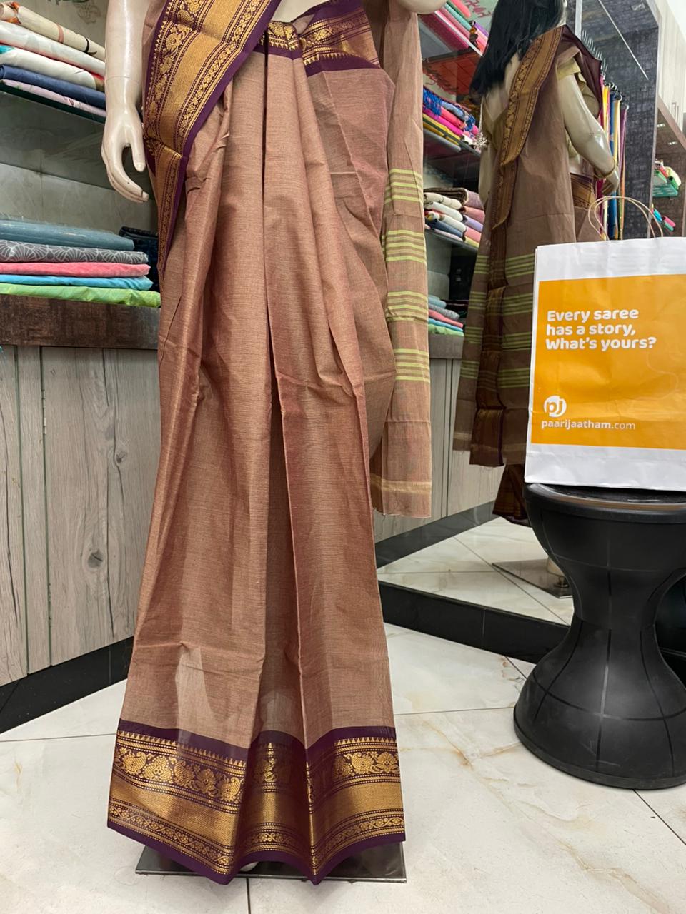 AU25A030 Brown Pure Handloom Chettinad Cotton Saree