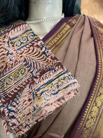 AU25A030 Brown Pure Handloom Chettinad Cotton Saree