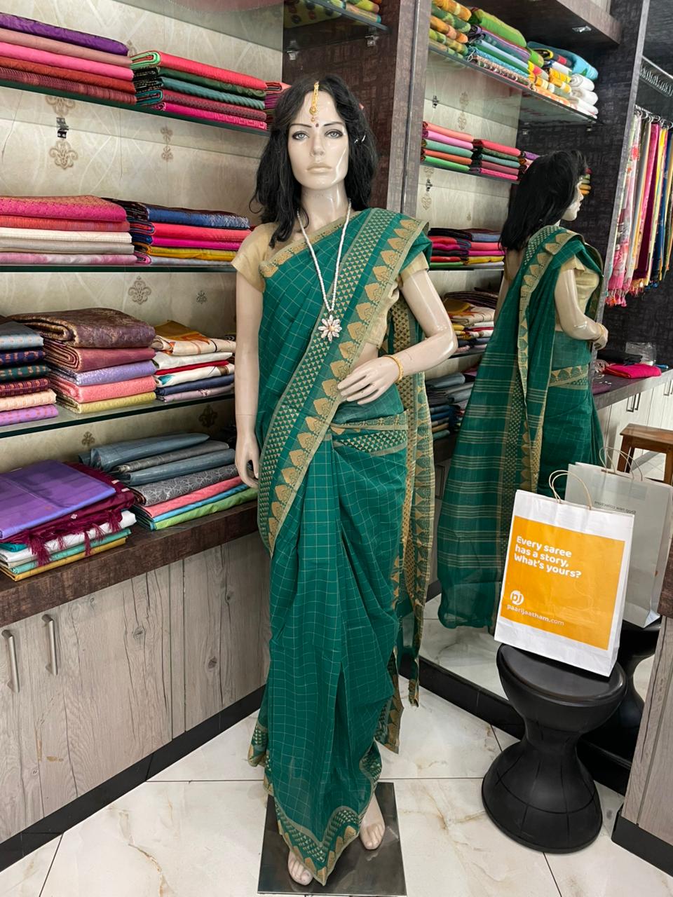 AU25A034 Teal Green Pure Handloom Chettinad Cotton Saree