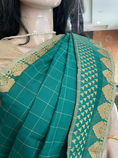 AU25A034 Teal Green Pure Handloom Chettinad Cotton Saree