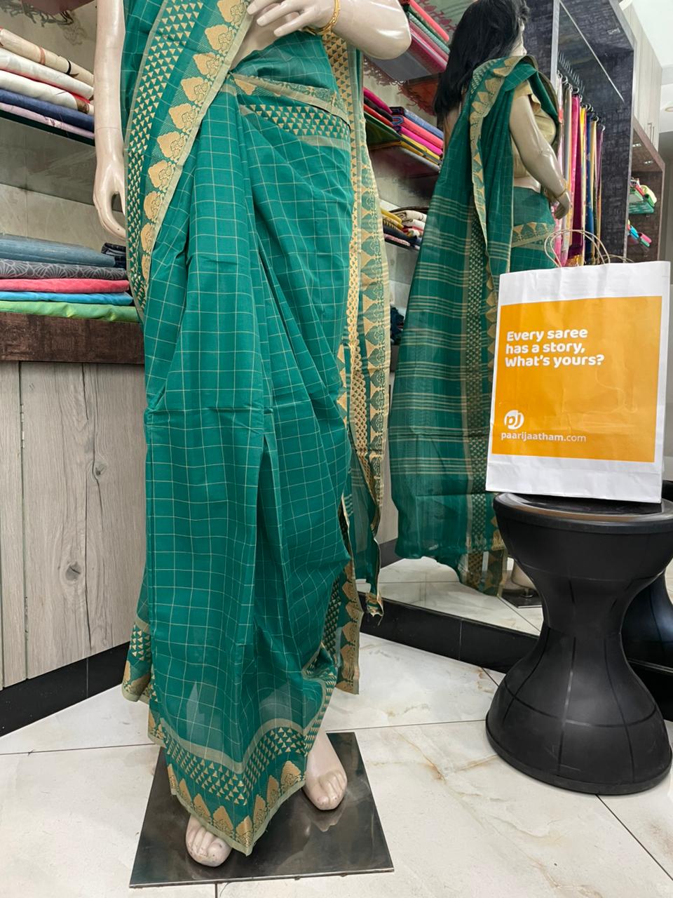 AU25A034 Teal Green Pure Handloom Chettinad Cotton Saree