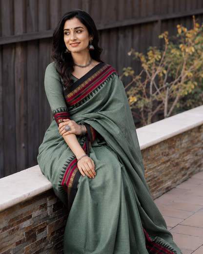 PJJL26A002 Olive Green Pure Handloom Narayanpet Cotton Saree