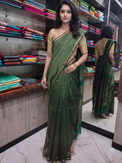 JN26A117 Green and Gold Pure Handloom Maheshwari Silk Saree