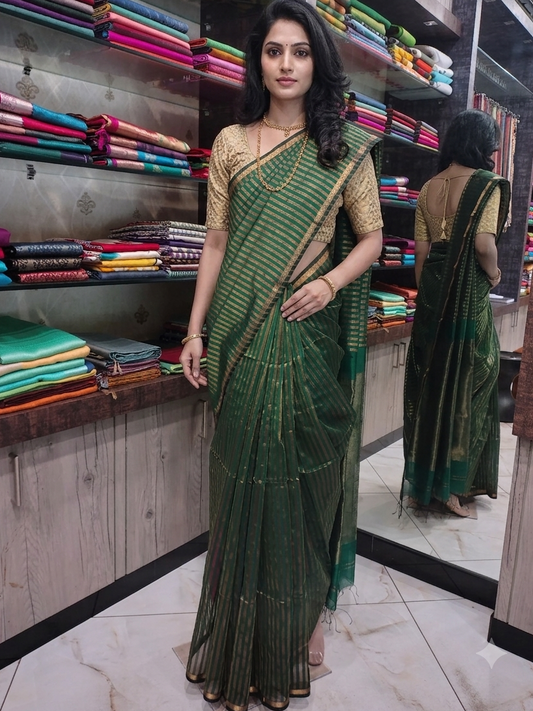 JN26A117 Green and Gold Pure Handloom Maheshwari Silk Saree