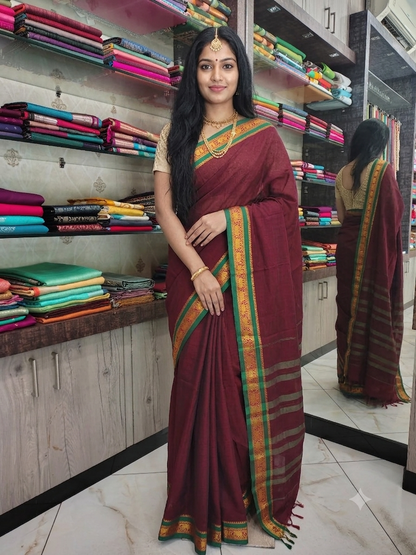JA26A032 Maroon and Green Pure Handloom Narayanpet Cotton Saree