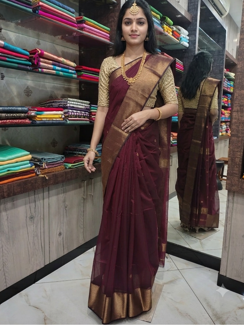 JN26A095 Maroon Pure Handloom Maheshwari Silk Saree