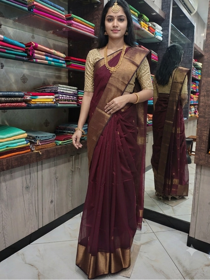 JN26A095 Maroon Pure Handloom Maheshwari Silk Saree