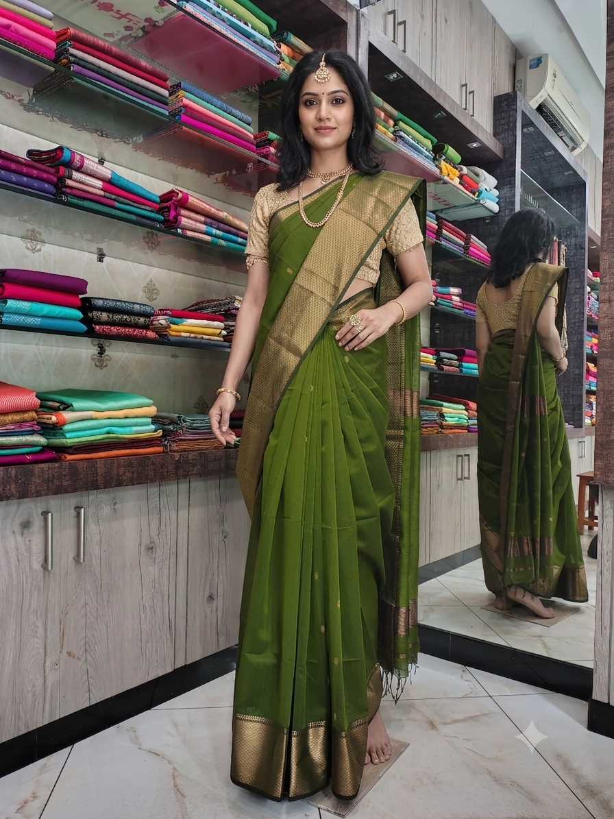 JN26A114 Green Pure Handloom Maheshwari Silk Saree