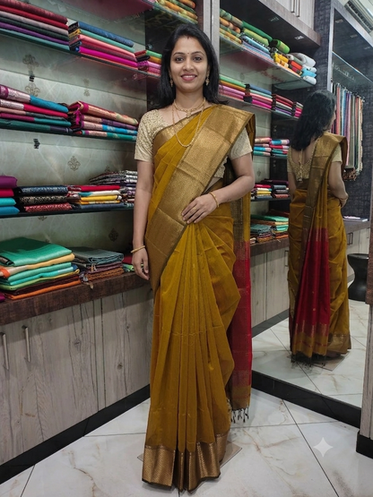 JN26A115 Yellow and Red Pure Handloom Maheshwari Silk Saree