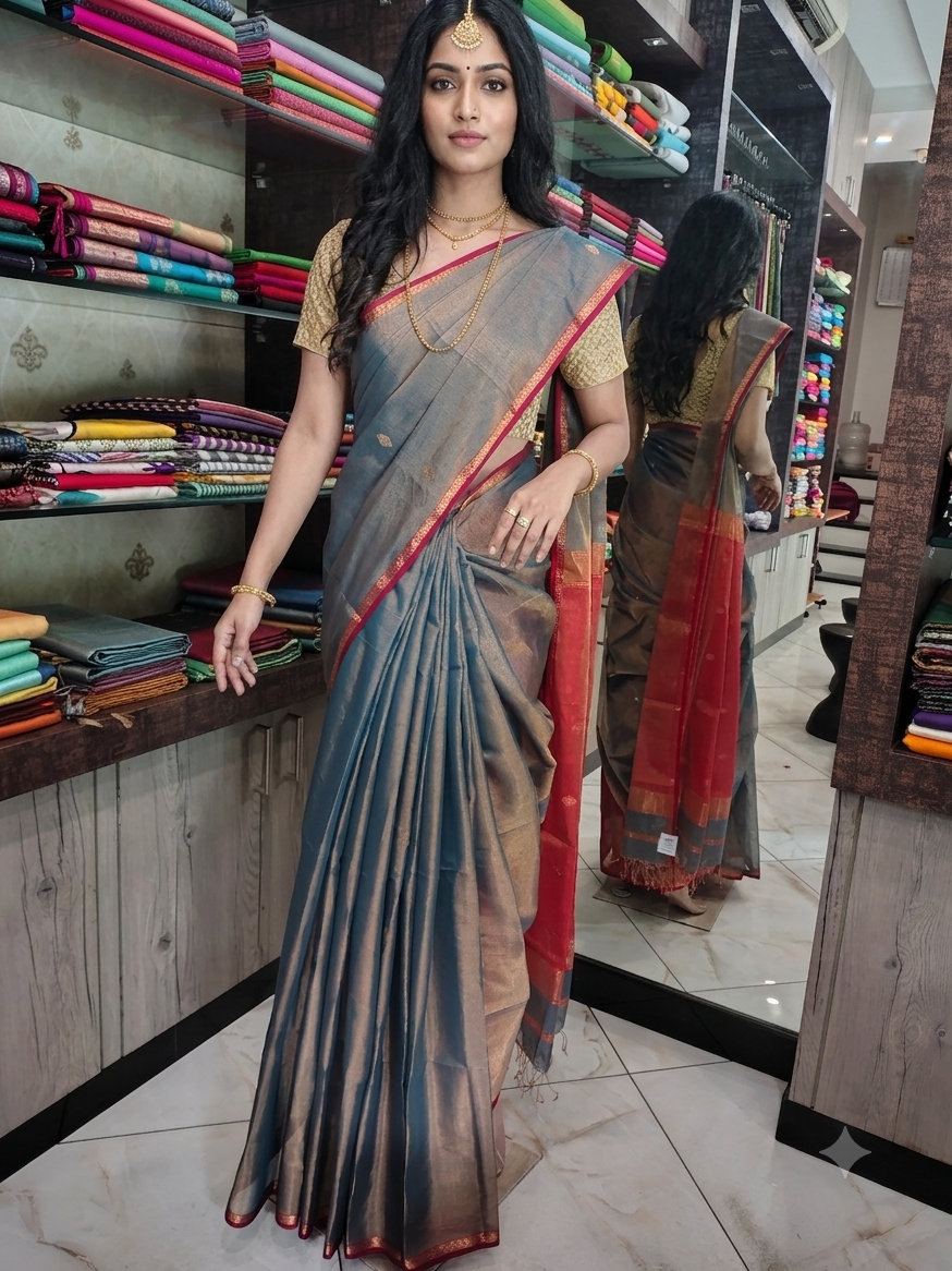 JN26A097 Gray and Red Pure Handloom Maheshwari Silk Saree