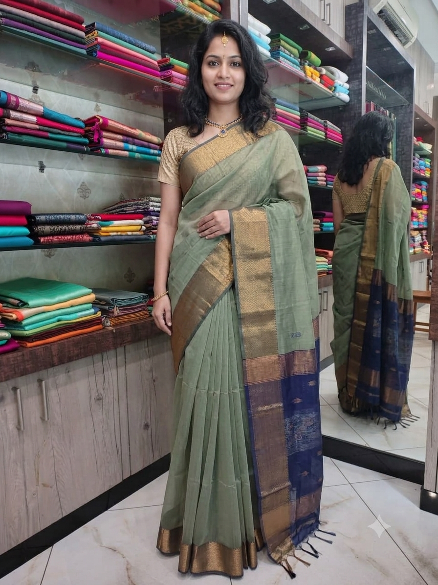 JN26A116 Lite Green and Blue Pure Handloom Maheshwari Silk Saree