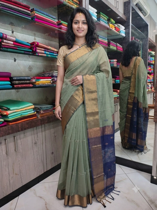 JN26A116 Lite Green and Blue Pure Handloom Maheshwari Silk Saree