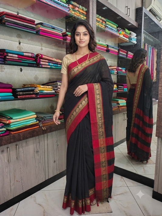 JN26A021 Black and Red Pure Handloom Narayanpet Cotton Saree