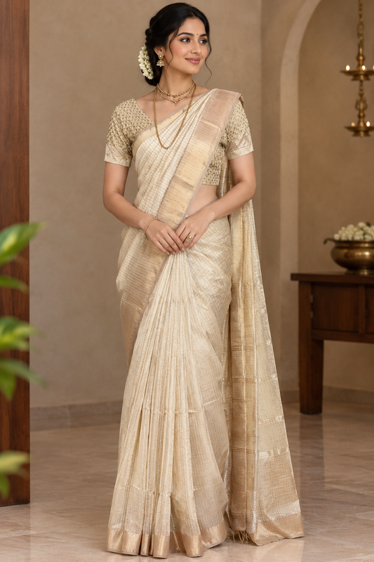 AU26A012 Beige and Gold Pure Handloom Maheshwari Silk Saree