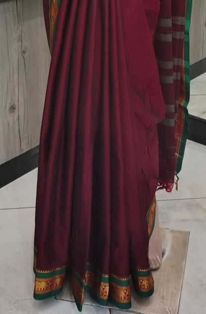 JA26A032 Maroon and Green Pure Handloom Narayanpet Cotton Saree