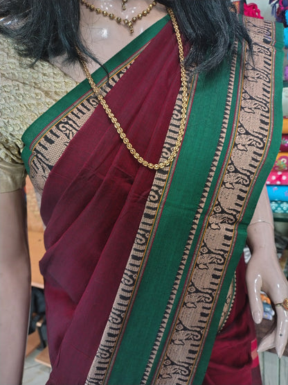 JN26A022 Maroon and green Pure Handloom Narayanpet Cotton Saree