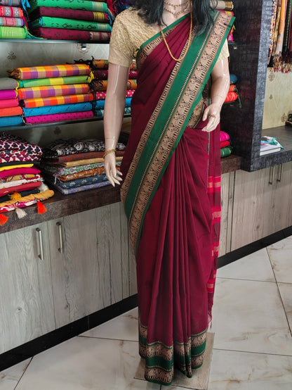JN26A022 Maroon and green Pure Handloom Narayanpet Cotton Saree