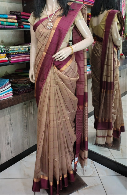 JL26A126 Beige and Maroon Pure Handloom Maheshwari Silk Saree