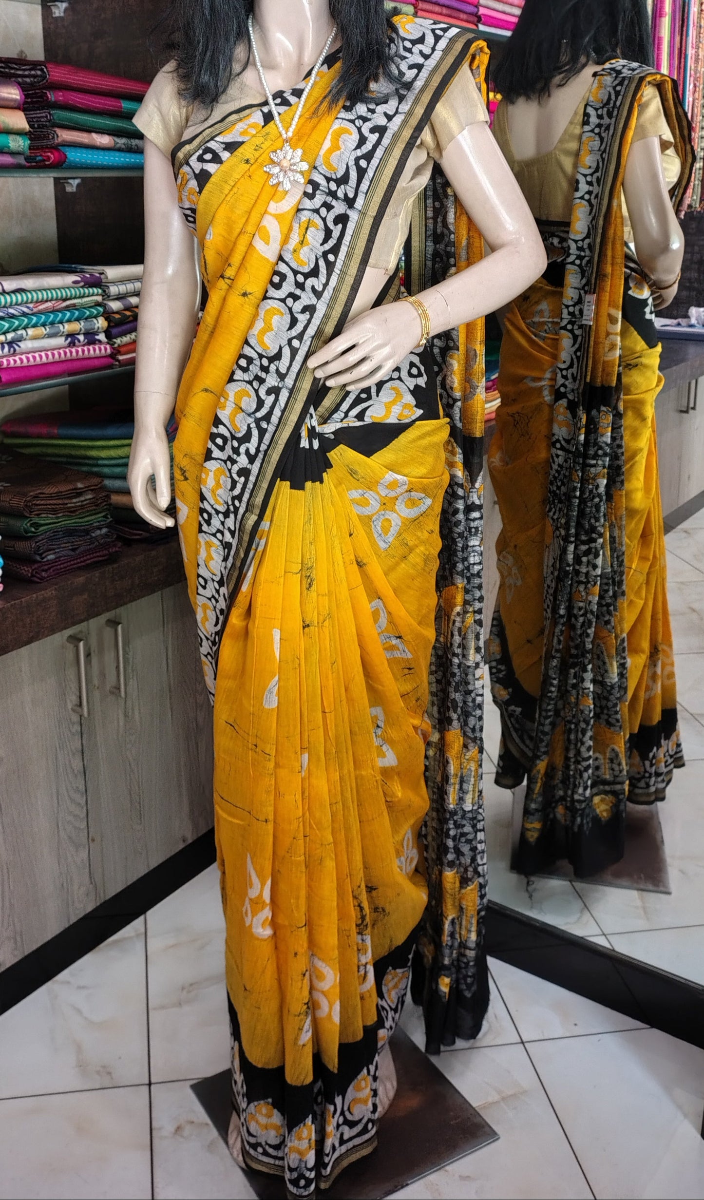 JL26A068 Yellow Pure Hand Block Printed Chanderi Silk Saree