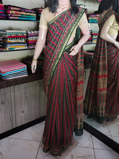 JL26A075 Green and Red Pure Hand Block Printed Chanderi Silk Saree