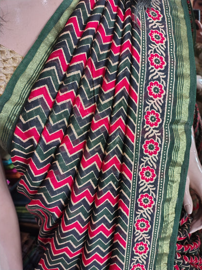 JL26A075 Green and Red Pure Hand Block Printed Chanderi Silk Saree
